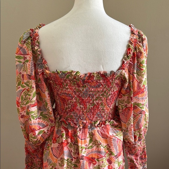 Farm Rio Macaw Flight Tiered Printed Cotton Smocked Floral Midi Dress Size M - Picture 11 of 17